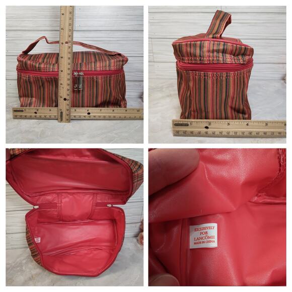 Lancôme Promo Cosmetic Bag Make Up Purse Red Striped Travel Pouch w/Handle 9x4" - Picture 9 of 9